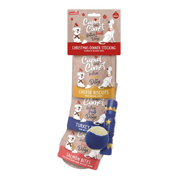 Cupid and Comet Christmas Dinner Dog Stocking with Toys