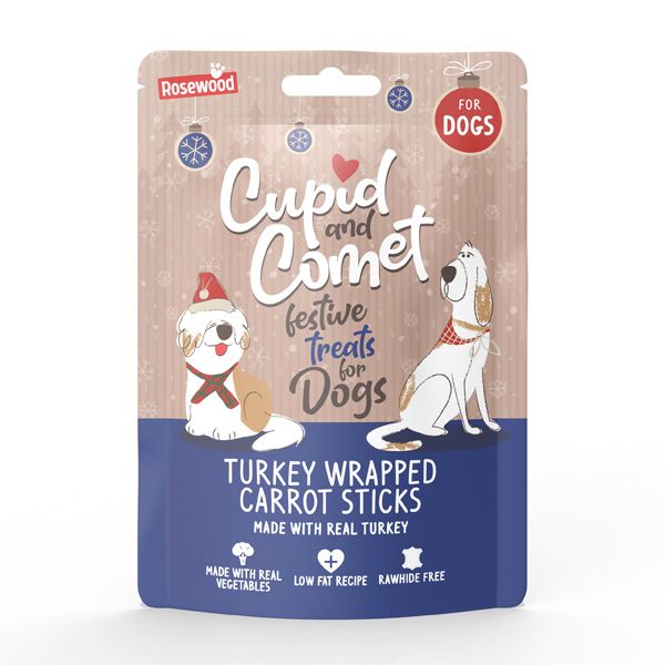 Rosewood Cupid & Comet Turkey Wrapped Carrot Twists Dog Treats - 100g