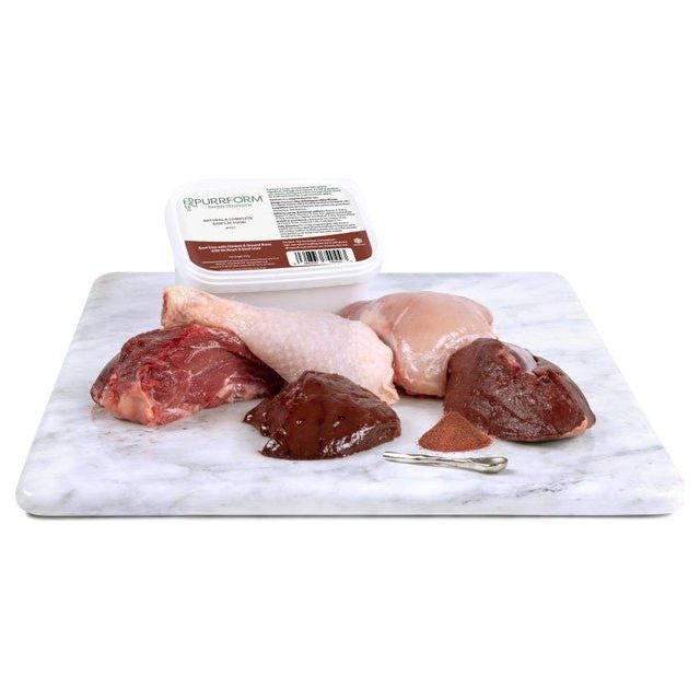 Purrform Beef Trim with Chicken & Ground Bone with Ox Heart & Beef Liver 450g Tub